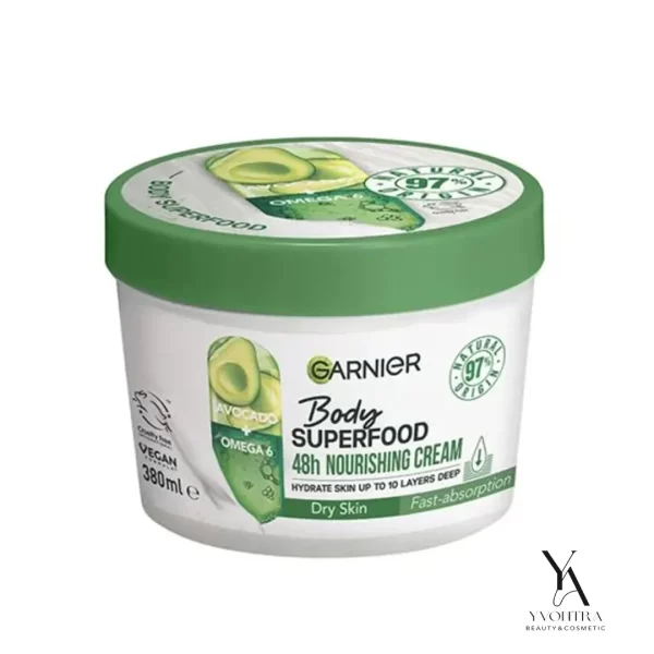 کرم بدن آبرسان و مرطوب کننده آواکادو و امگا 6 گارنیر Garnier مدل Superfood مناسب برای پوست خشک و حساس حجم 380 میل